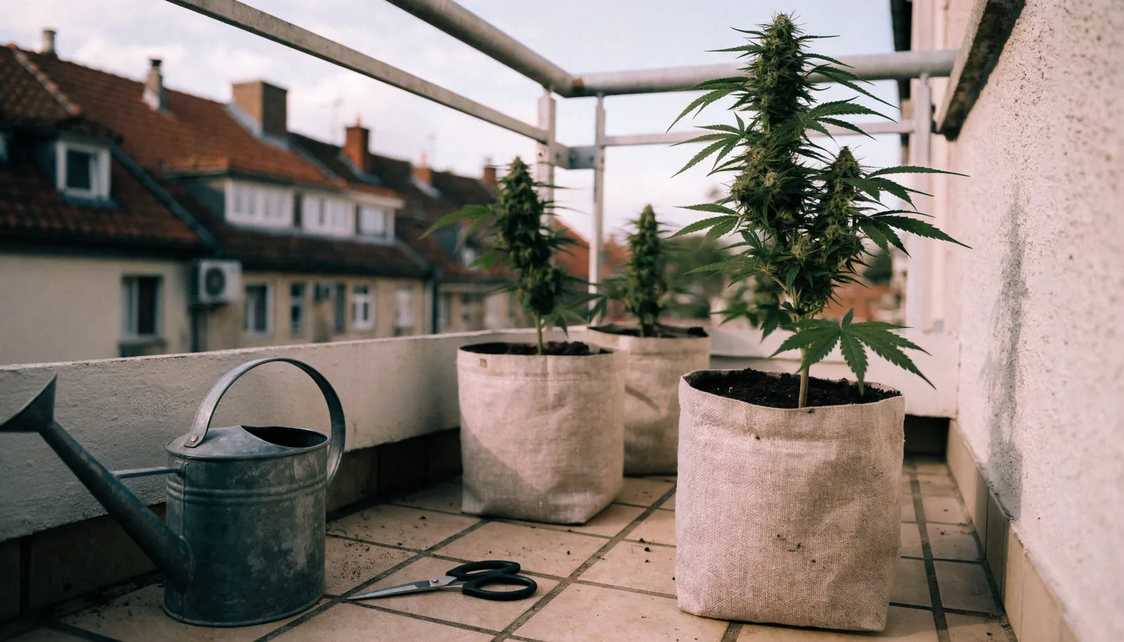 Drei kompakte Cannabispflanzen in Stofftöpfen auf einem europäischen Wohnungsbalkon