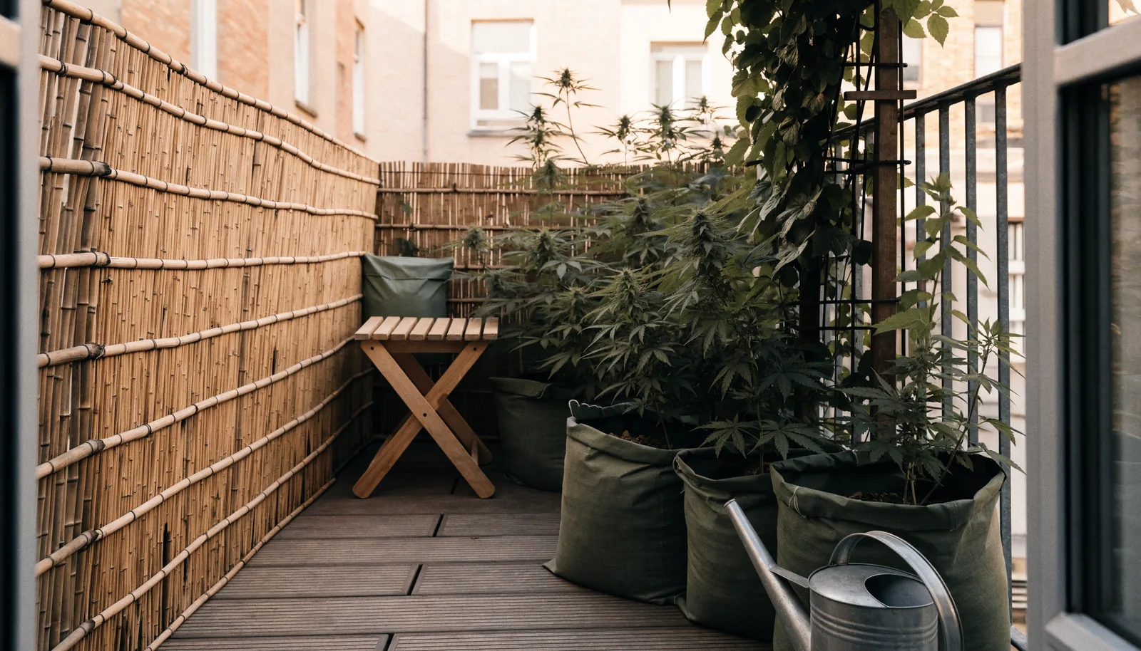 Bambus-Sichtschutz verdeckt Cannabispflanzen in Stofftöpfen auf einem schmalen Balkon
