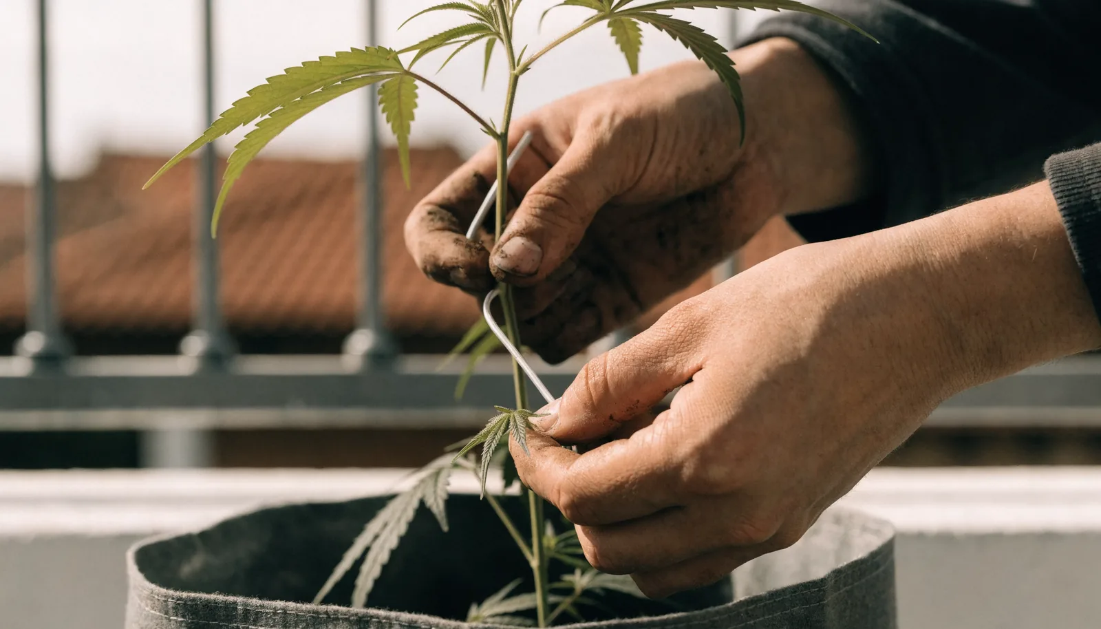 Hände binden einen Cannabiszweig mit Pflanzendraht per Low-Stress-Training auf einem Balkon fest
