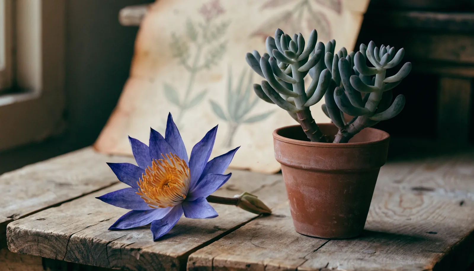 Getrocknete Blüte des Blauen Lotus (Nymphaea caerulea) neben einer lebenden Kanna-Sukkulente (Sceletium tortuosum)