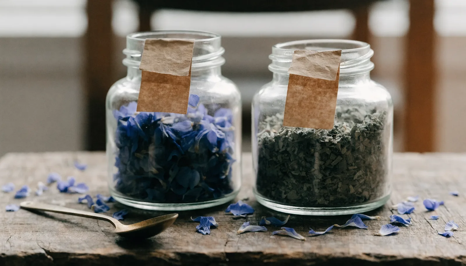 Apothekergläser mit getrockneten Lotusblütenblättern und geschnittenem Kanna-Pflanzenmaterial