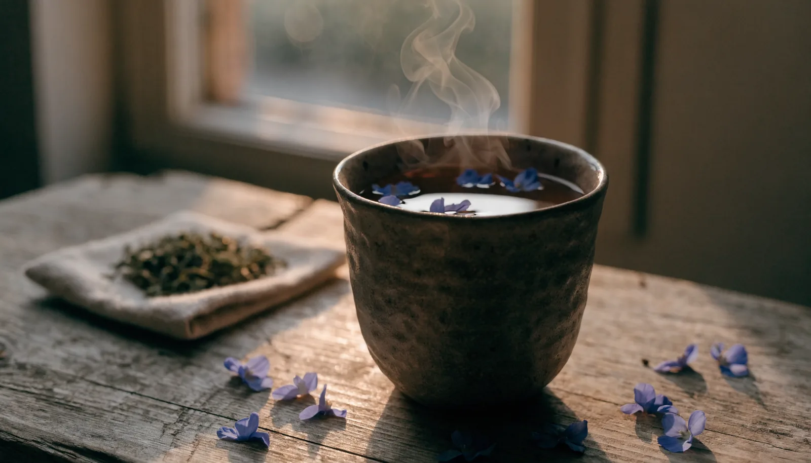 Eine Tasse Blauer-Lotus-Tee mit schwimmenden Blütenblättern neben einem Beutel getrocknetem Kanna