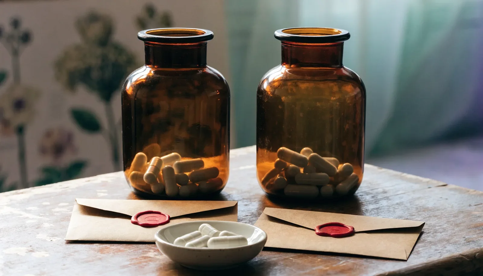 Zwei identische Gläser mit weißen Kapseln und versiegelte Umschläge zur Veranschaulichung von Verblindung und Placebokontrollen