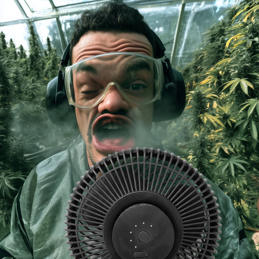 Close-up of a grower testing airflow and circulation fan performance in a dense grow room.